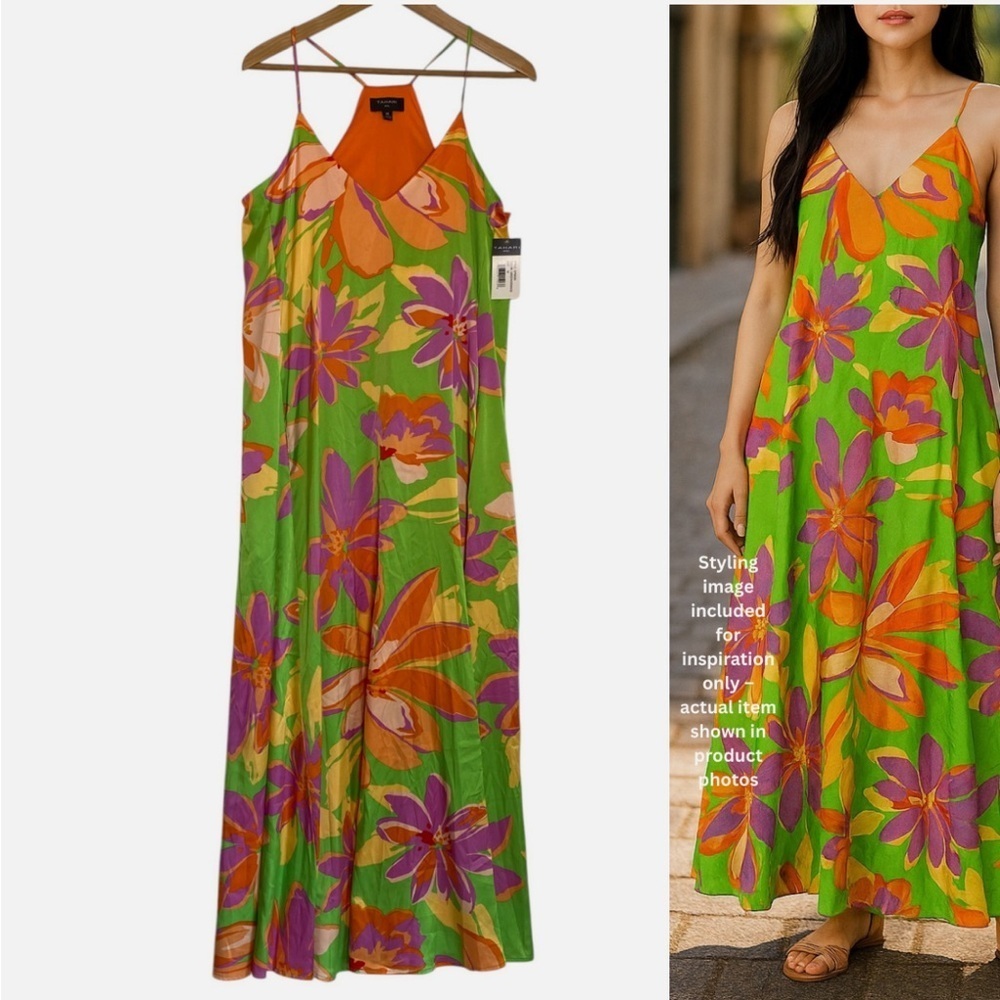 NEW Tahari Maxi Slip Dress Flowy Racer Back Tropical Vacation Resort Wedding
